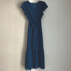Fashion teal, Swiss dot, belted, maxi dress.